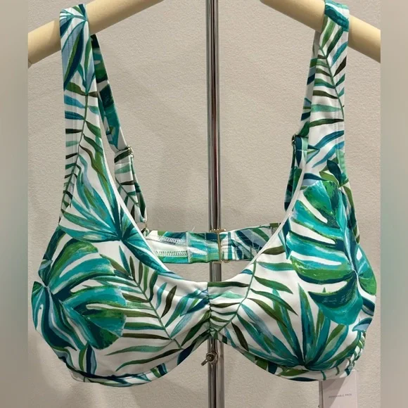 NWT Shade & Shore Green Multi Tropical Leaf Print Bikini Top Size 36D - Picture 1 of 6